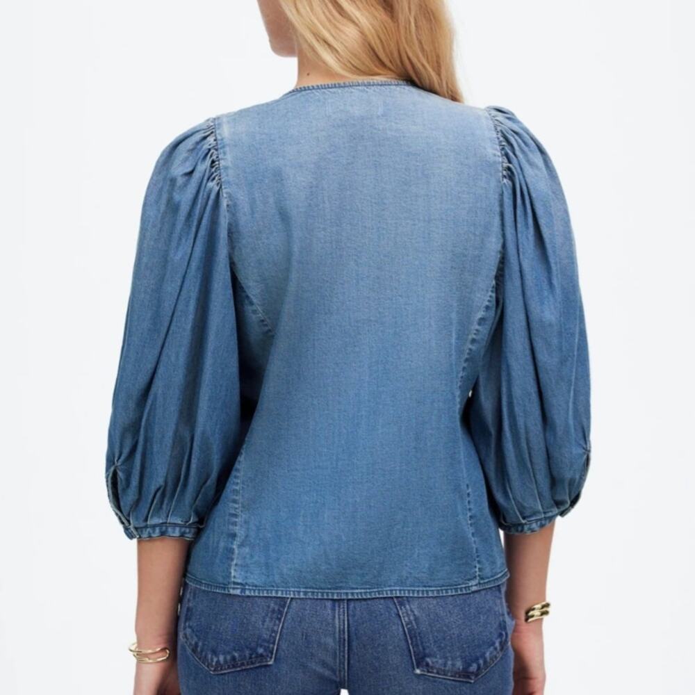 Madewell Denim Jean Puff Sleeve Button Up Top Lightweight Western Small 4 - Picture 2 of 10